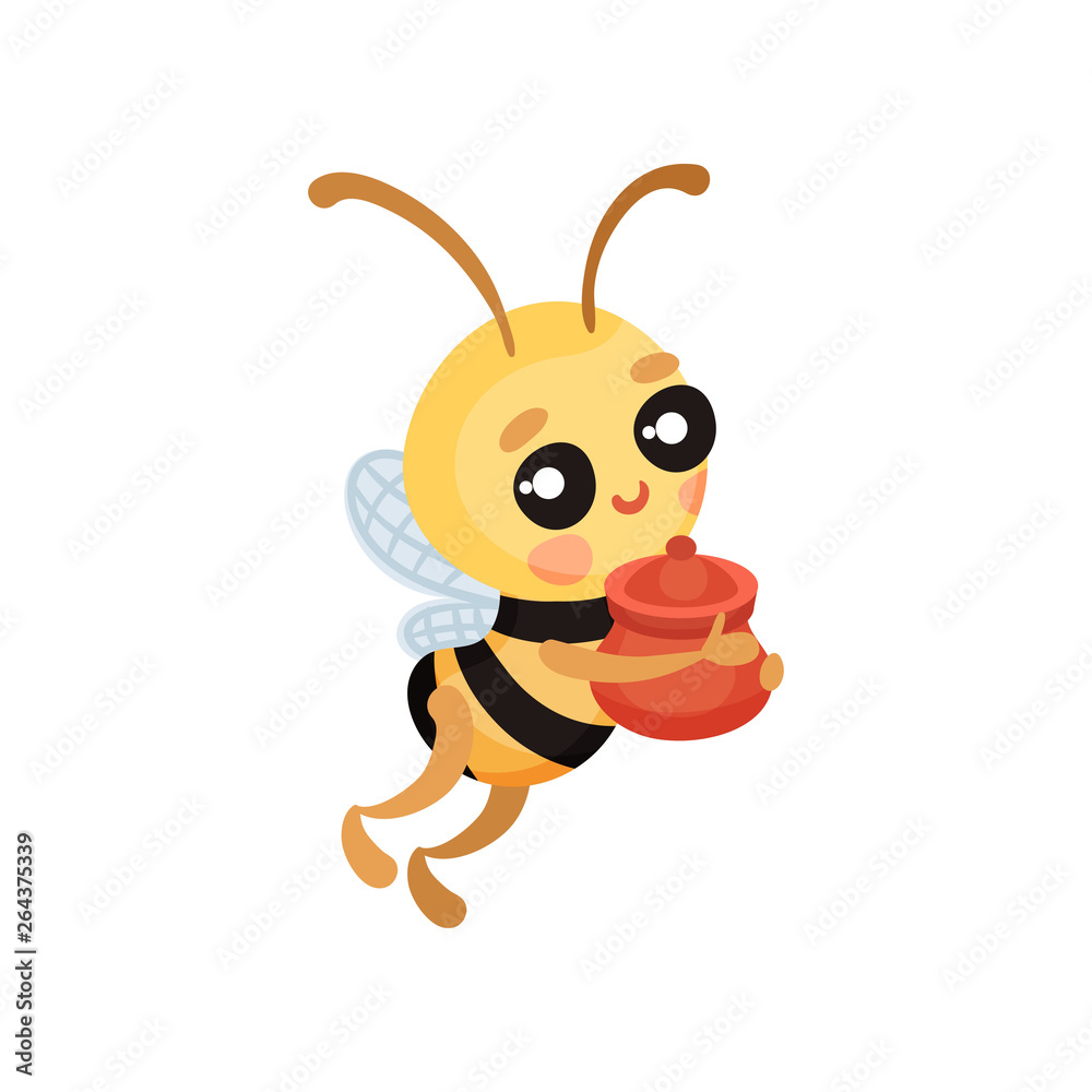 Cartoon humanized bee bears a pot of honey. Vector illustration. Cartoon humanized bee bears a pot of honey. Vector illustration.