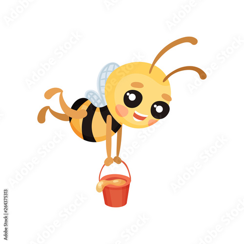 Cartoon humanized bee carries a bucket of honey. Vector illustration.