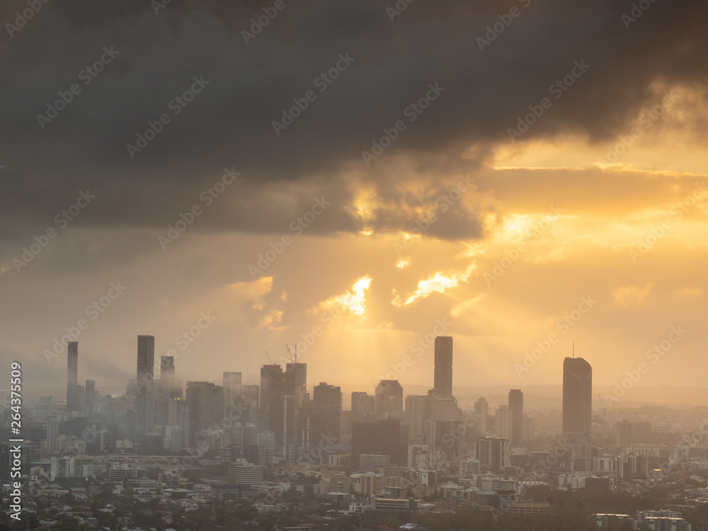 Brisbane City sunrise with dramatic mist
