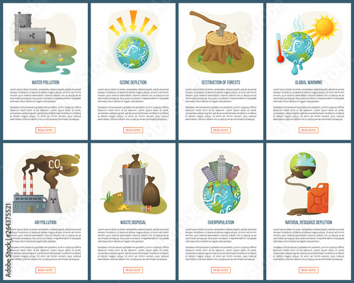 Destruction of forests vector deforestation and global warming melting planet earth, waste disposal, ozone depletion and garbage heat set. Website or webpage template flat style. Concept for Earth day