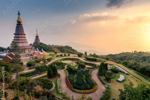 Landscape of two pagoda (noppha methanidon-noppha phon phum siri stupa) in an Inthanon mountain, chiang mai, Thailand © martinhosmat083