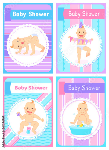 Baby shower vector, kid holding colorful flags celebrating child in paper hat flat style. Crawling character, playing with toys, water with duck on surface