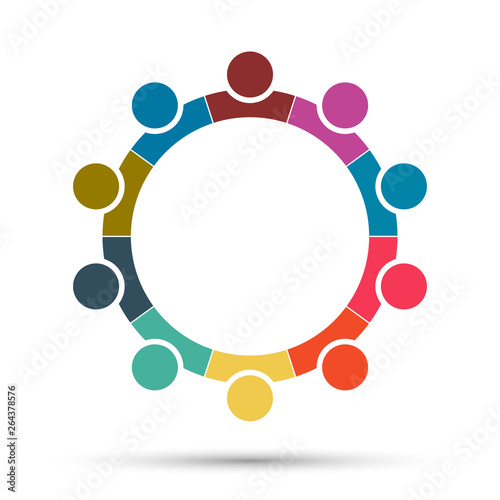 Group of ten persons in circle. holding hands.The summit workers are meeting in the same power room.