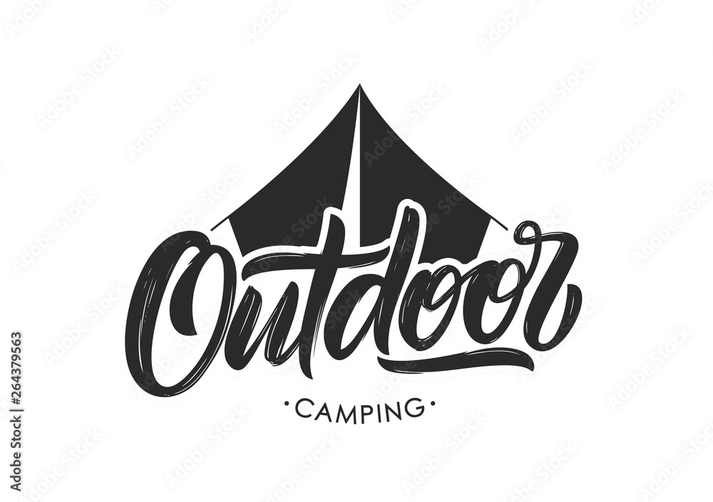 Handwritten Modern brush lettering composition of Outdoor Camping with silhouette of tent.