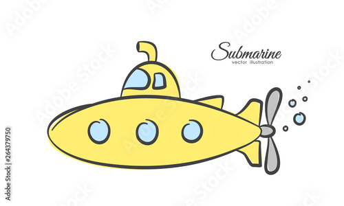 Hand drawn cartoon yellow submarine on white background.