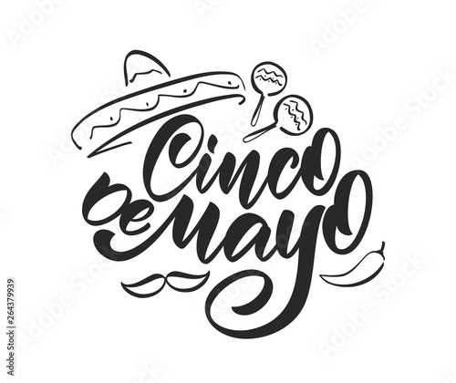 Handwritten calligraphic type lettering of Cinco De Mayo with hand drawn sombrero, maracas and pepper