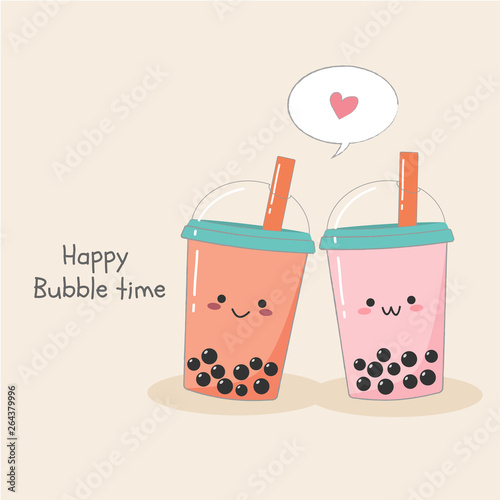 Cute couple bubble milk ice tea in plastic container banner