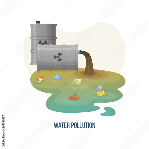 Water pollution vector, polluted liquid of dirty color with garbage and litter, organic waste apple , metal can and jar floating in river environmental. Concept for Earth day