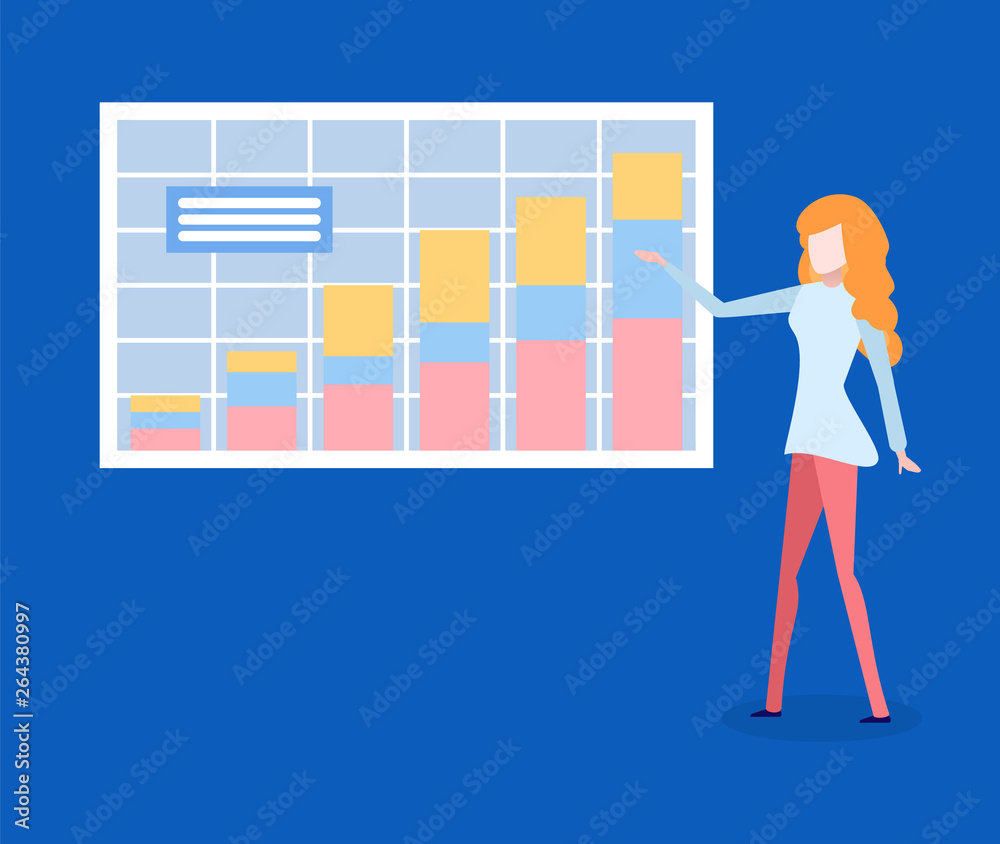 Woman presents financial growth on analytic charts. Vector female pointing on increasing graph, showing company development and profit, accounting and finance Woman presents financial growth on analytic charts. Vector female pointing on increasing graph, showing company development and profit, accounting and finance
