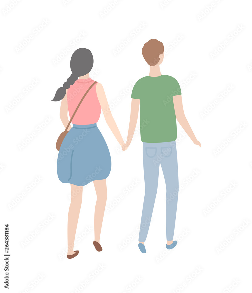 Cartoon people isolated man and woman back view. Vector girl with braid and boy in green t-shirt, teenagers holding hands isolated. Couple in love, male and female Cartoon people isolated man and woman back view. Vector girl with braid and boy in green t-shirt, teenagers holding hands isolated. Couple in love, male and female