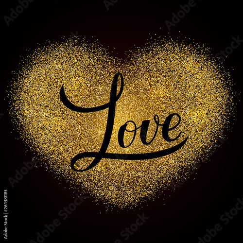 Love calligraphy hand lettering and gold glitter heart on black background. Valentines day typography poster. Easy to edit element of design for banner, invitation, greeting card, flyer, etc