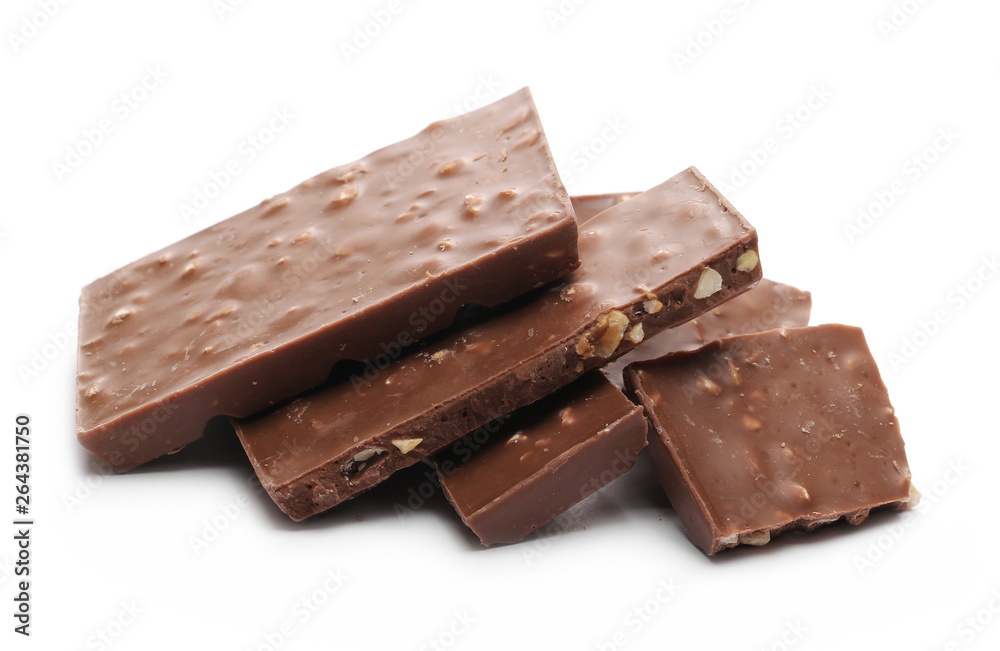 Chocolate with hazelnuts isolated on white background Chocolate with hazelnuts isolated on white background