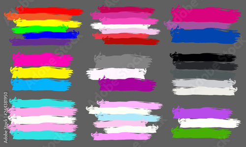 Set of different flags of lgbt community on dark background. Vector illustration of gay pride flag.
