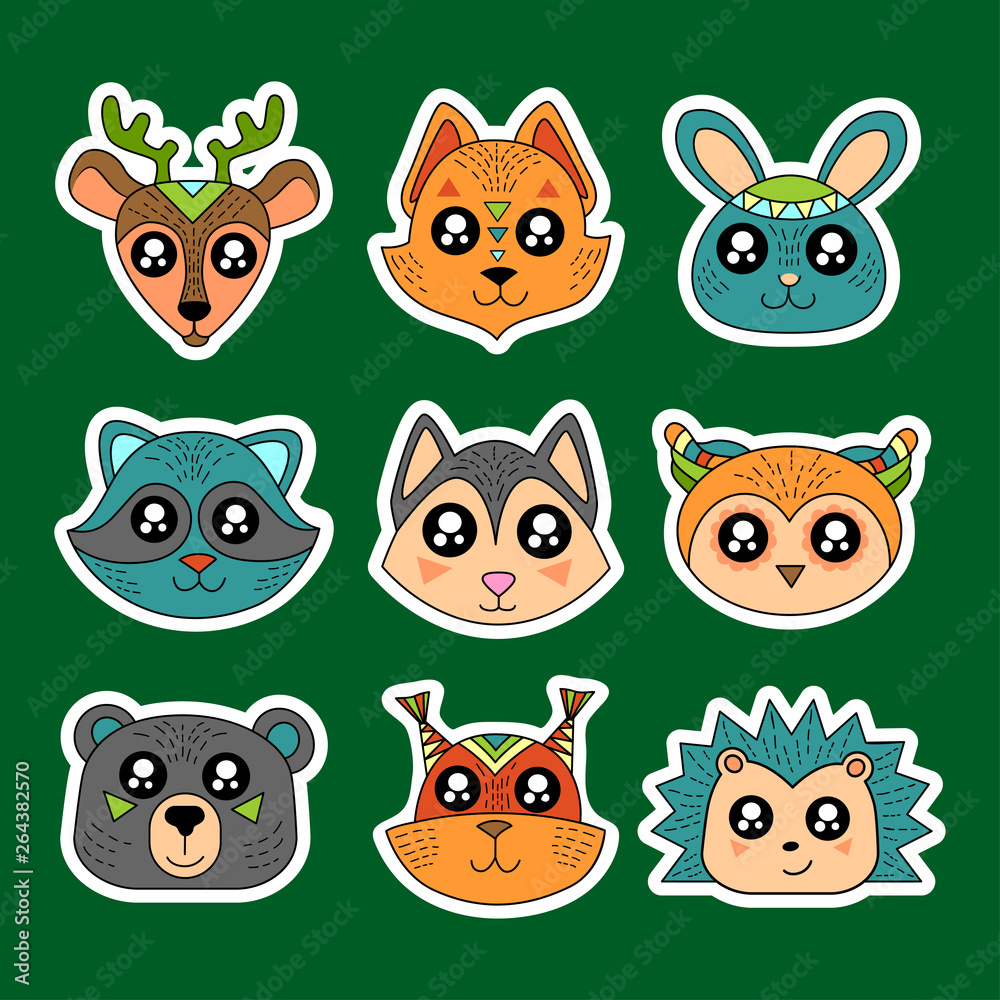 Obraz premium Fashion patch badges with deer, squirrel, hare, rabbit, owl, raccoon and other. Very large set of girlish and boyish stickers, patches in cartoon isolated.Trendy print for backpacks, things, clothes