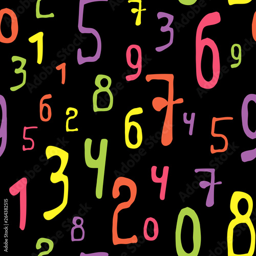 Mathematical seamless pattern with multicolored numbers on a black background. Vector.