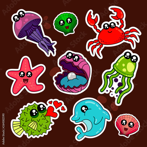 Fashion patch badges with shell, crab, sea, water, octopus, star fish and other. Very large set of girlish and boyish stickers, patches in cartoon isolated.Trendy print for backpacks, things,clothes