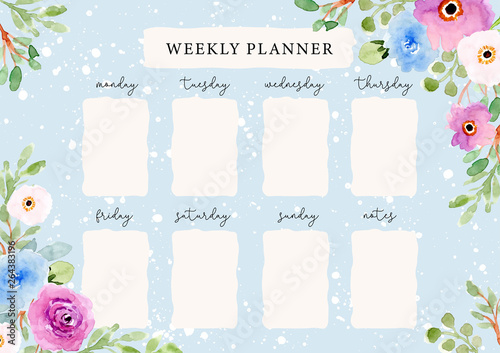 weekly planner with beautiful watercolor floral frame