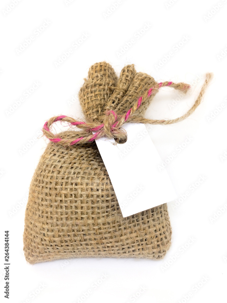 Sack bags (sacks or sacks) separated on a white background, and a gift card for writing messages.