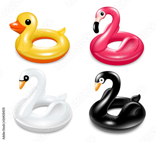 A set of inflatable Krgov for swimming in the pool. Black and white swan, flamingo, duckling. Water safety for children. Isolated on white background Realistic vector illustration.