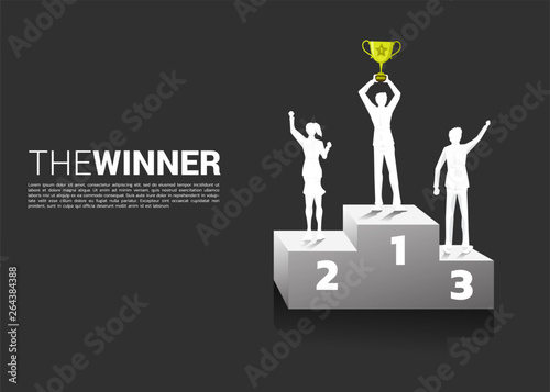 Silhouette of businessman and businesswoman with champion trophy on podium. Business Concept of winner and success