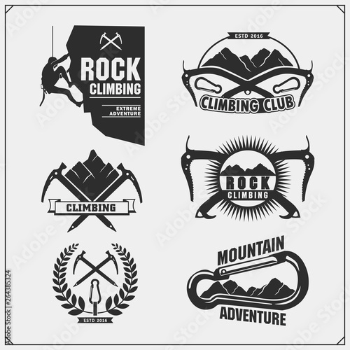 Set of mountain climbing labels, emblems and design elements. Vector monochrome illustration.