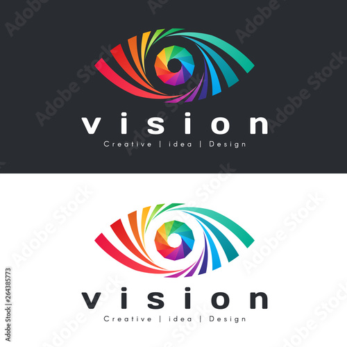 eye vision logo with abstract colorful rainbow eye on dark and white background vector design