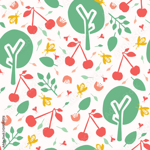 Cherry tree  orchard seamless vector pattern background. Hand drawn tossed red cherries paper cut out. Matisse style. Fruit garden folk art all over print. Kid fashion textile. Scandi pollination bees
