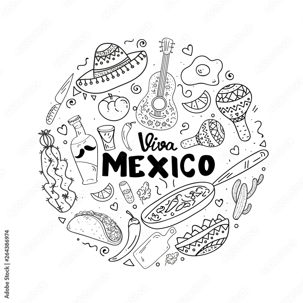 Coloring Page,Book and Antistress freehand sketch.Viva Mexico hand