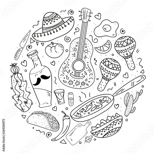 Set of Coloring Page Pattern. Adult Coloring Book Set and Antistress freehand sketch. Mexican sombrero,bottle tequila,maraca,mexican burrito, fried egg, pepper. Vector illustration.