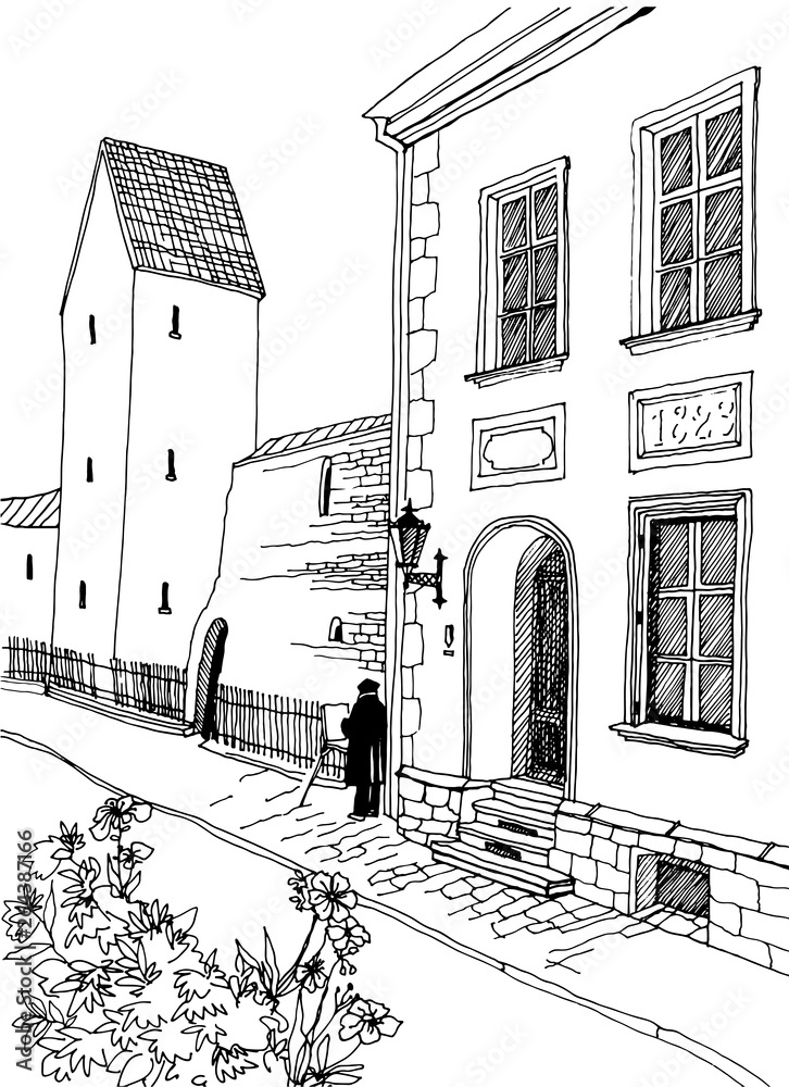 Fototapeta Old street in European city in hand drawn sketch style. Vector illustration. Riga, Latvia, Vintage Urban landscape on white background