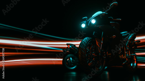 motorcycle is light in the back. 3D render and illustration.