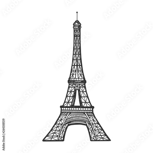 Fototapeta Naklejka Na Ścianę i Meble -  Eiffel tower sketch engraving vector illustration. Scratch board style imitation. Black and white hand drawn image.