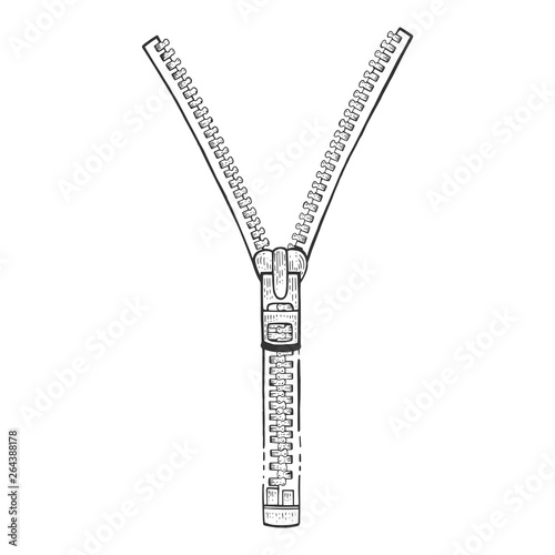 Zipper sketch engraving vector illustration. Scratch board style imitation. Black and white hand drawn image.