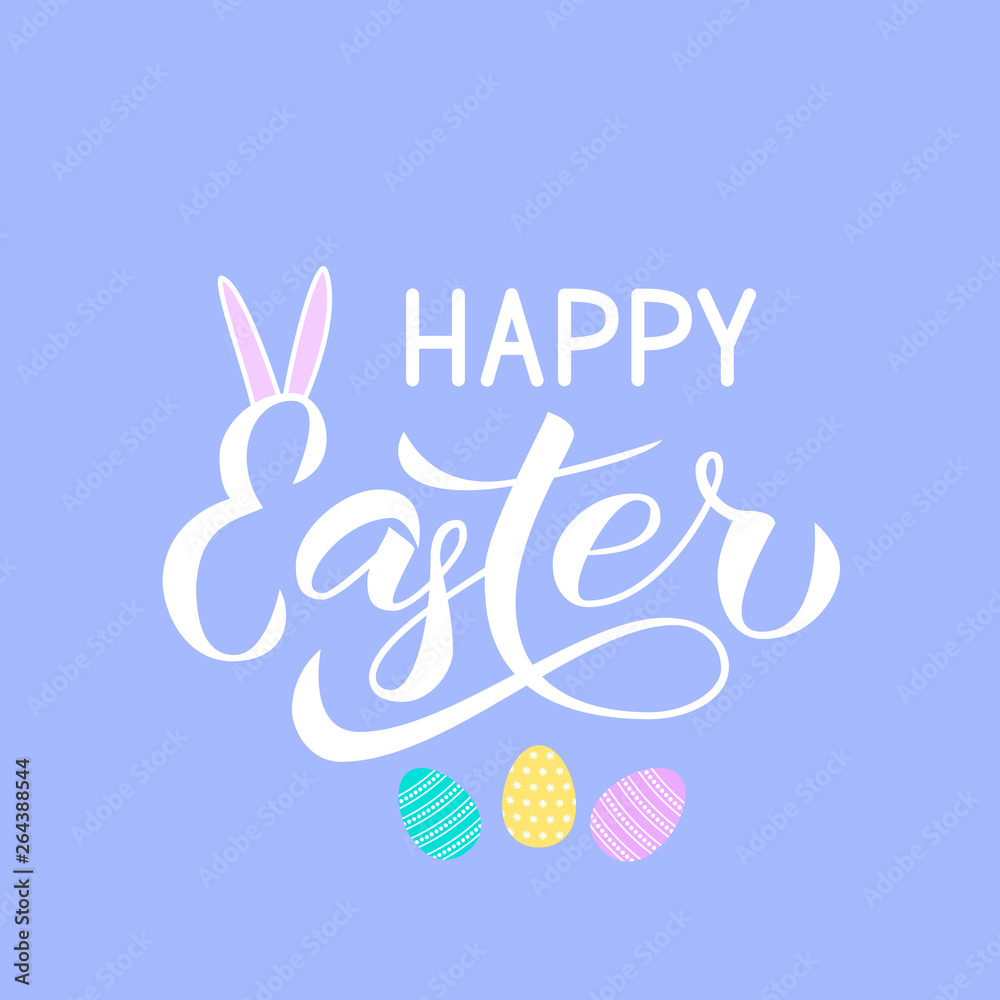 Obraz premium Happy Easter calligraphy hand lettering with bunny ears. Spring holidays vector illustration. Easter greeting card. Easy to edit template for party invitation, typography poster, flyer, banner.