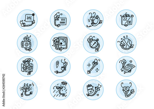 Cute line color mobile or tablet icon. Smile for social networks, chat. Sticker for diary, note, planner. Vector set of doodle minimalistic funny shrimp. Icons for SMS, email, phone, photo, galler