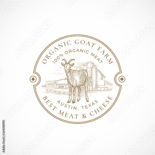 Milk and Cheese Farm Framed Retro Badge or Logo Template. Hand Drawn Goat and Farm Landscape Sketch with Retro Typography. Vintage Sketch Emblem.
