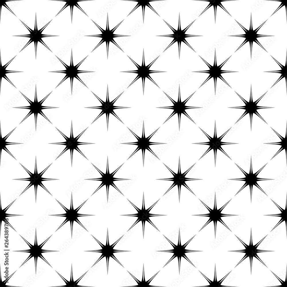 Black stars patterns on white background. Seamless pattern. Abstract vector.