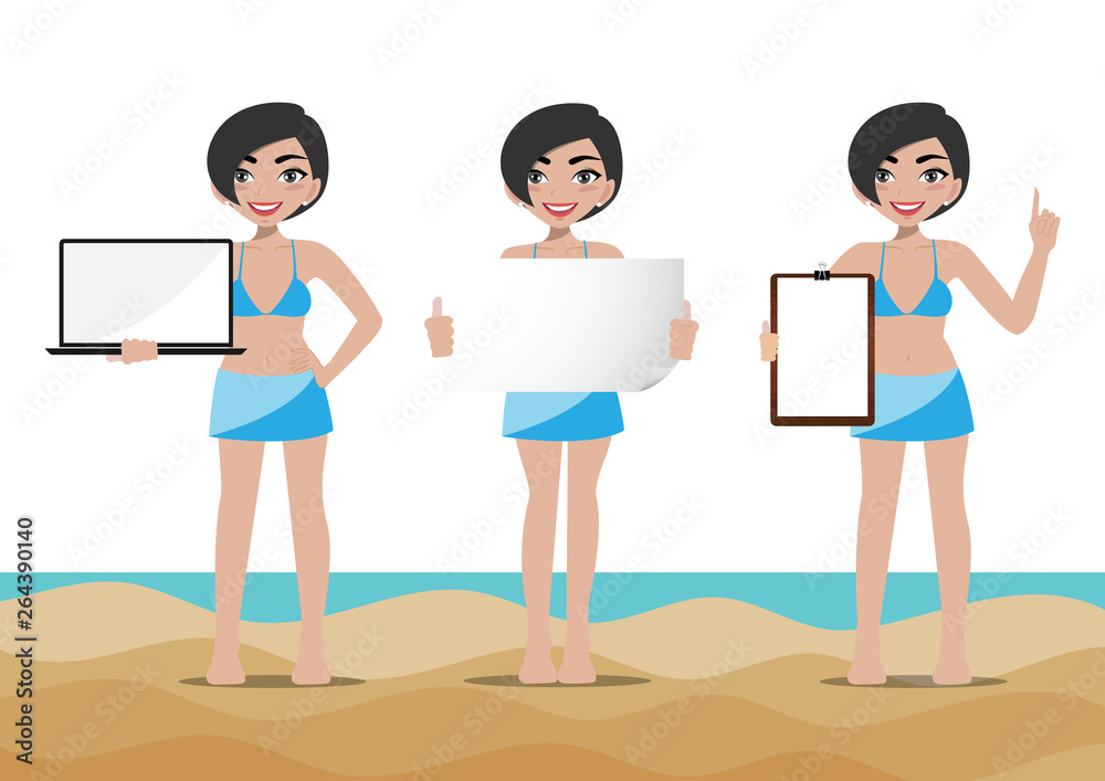 Summer season holiday. Cartoon character on the beach , Pretty three lady present with laptop, paper and clip board design vector Summer season holiday. Cartoon character on the beach , Pretty three lady present with laptop, paper and clip board design vector
