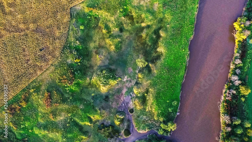 Aerial view of the river. Carcarañá River. Argentina. Cultivation, vegetation