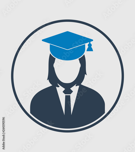 Female graduate student profile icon with gown and cap. Flat style vector EPS.