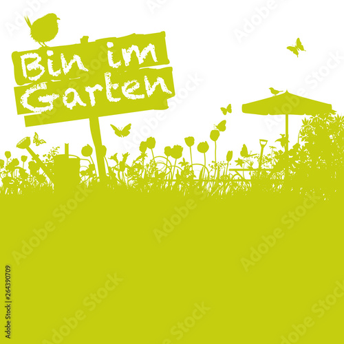 Garten und Gartenschild mit Bin im Garten 