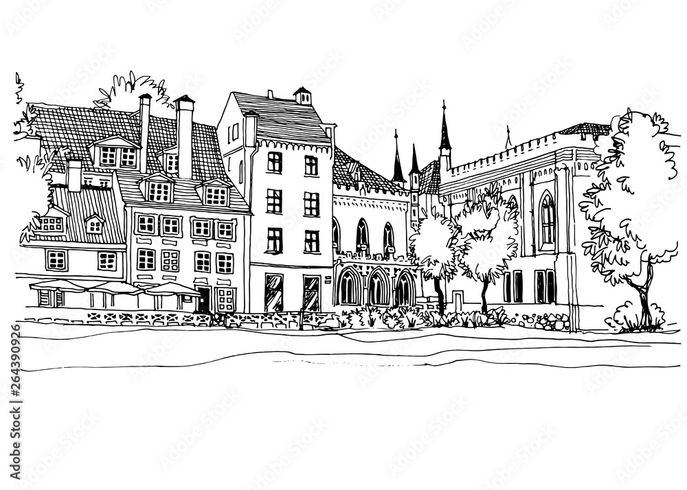 Urban landscapes in hand drawn ink line style. Old city street sketches on white background. Latvia, Riga. Vector illustration