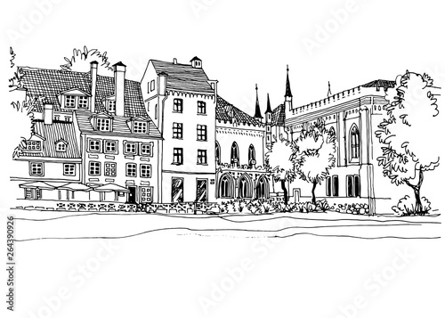 Urban landscapes in hand drawn ink line style. Old city street sketches on white background. Latvia, Riga. Vector illustration