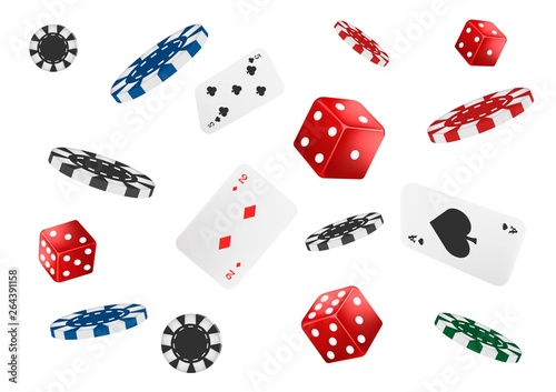 Playing cards, poker chips and dice fly casino isolated on white background. Poker casino vector illustration. Online casino game gambling 3d vector concept, poker icon.