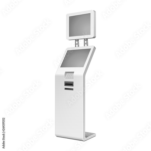 Outdoor White Metal ATM, Automated Teller Machine, Payment Terminal, Advertising Stand On White Background. 3D Mock Up, Template. Illustration Isolated On White Background. Vector EPS10