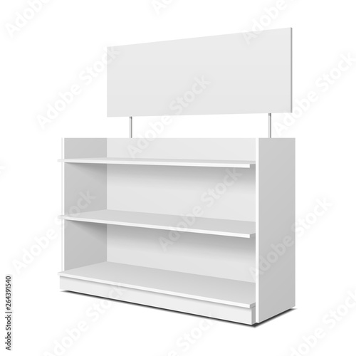 Blank Empty Showcase Displays With Retail Shelves, Trading Rack. Mock Up, Template. Illustration Isolated On White Background. Ready For Your Design. Product Advertising. Vector EPS10.