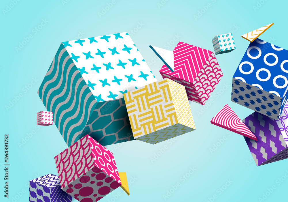 Fototapeta premium Abstract Geometric Background 3D Colorful Cubes, Triangle. Decorative Poster, Wallpaper, Texture. Light, White, Yellow, Blue, Purple, Pink, Violet, Green. Gradient Shapes Composition. Vector EPS10