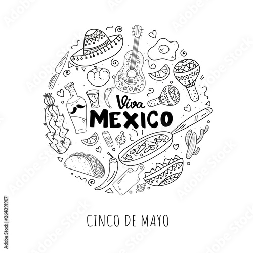 Coloring Page,Book and Antistress freehand sketch.Viva Mexico hand lettering.Vector calligraphy with mexican sombrero,bottle tequila,maraca.Used for greeting card, poster design.Vector illustration photo