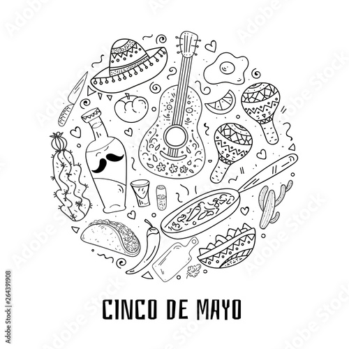 Coloring Page,Book and Antistress freehand sketch hand lettering calligraphy with mexican sombrero,bottle tequila,maraca.Used for greeting card, poster design.Vector illustration.
