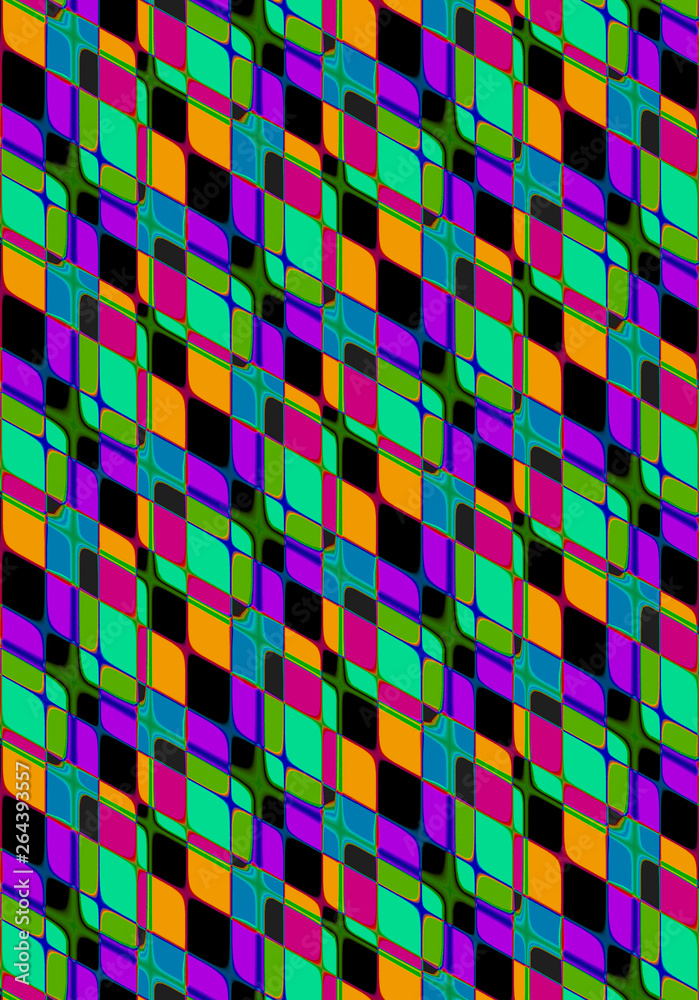 Abstract mosaic bright background, collected at an angle of green shades of rhombuses, purple, burgundy, orange, blue and covered with intersecting green with blue rhombuses-shaped cells Abstract mosaic bright background, collected at an angle of green shades of rhombuses, purple, burgundy, orange, blue and covered with intersecting green with blue rhombuses-shaped cells